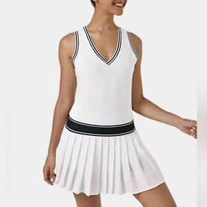 Halara V Neck Pleated Color Block Activity Dress White/Black XS